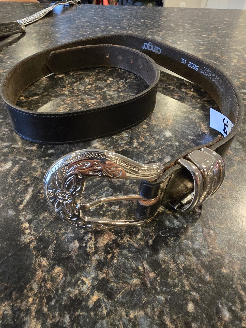 Dingo Top Grain Leather Western Belt Silver Engraved Buckle Size 34 USA